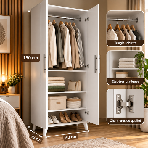 Armoire 2 Portes 150 cm – Couleur Sonoma avec Penderie et Étagères