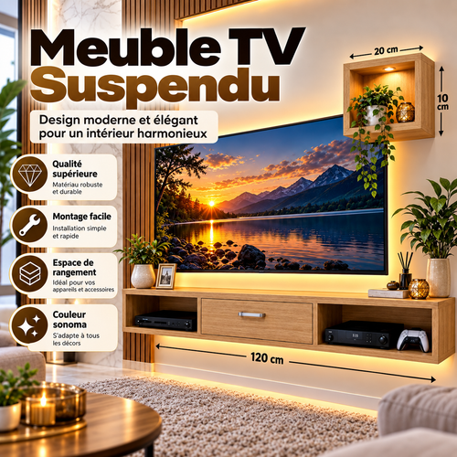 Meuble TV suspendu 120 cm couleur sonoma avec étagère murale