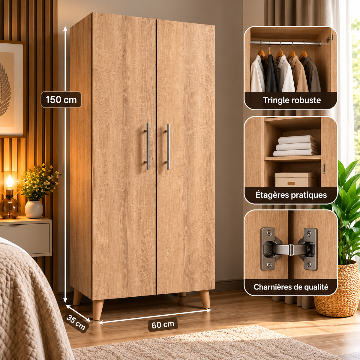 Armoire 2 portes couleur sonoma 150 x 60 x 35 cm