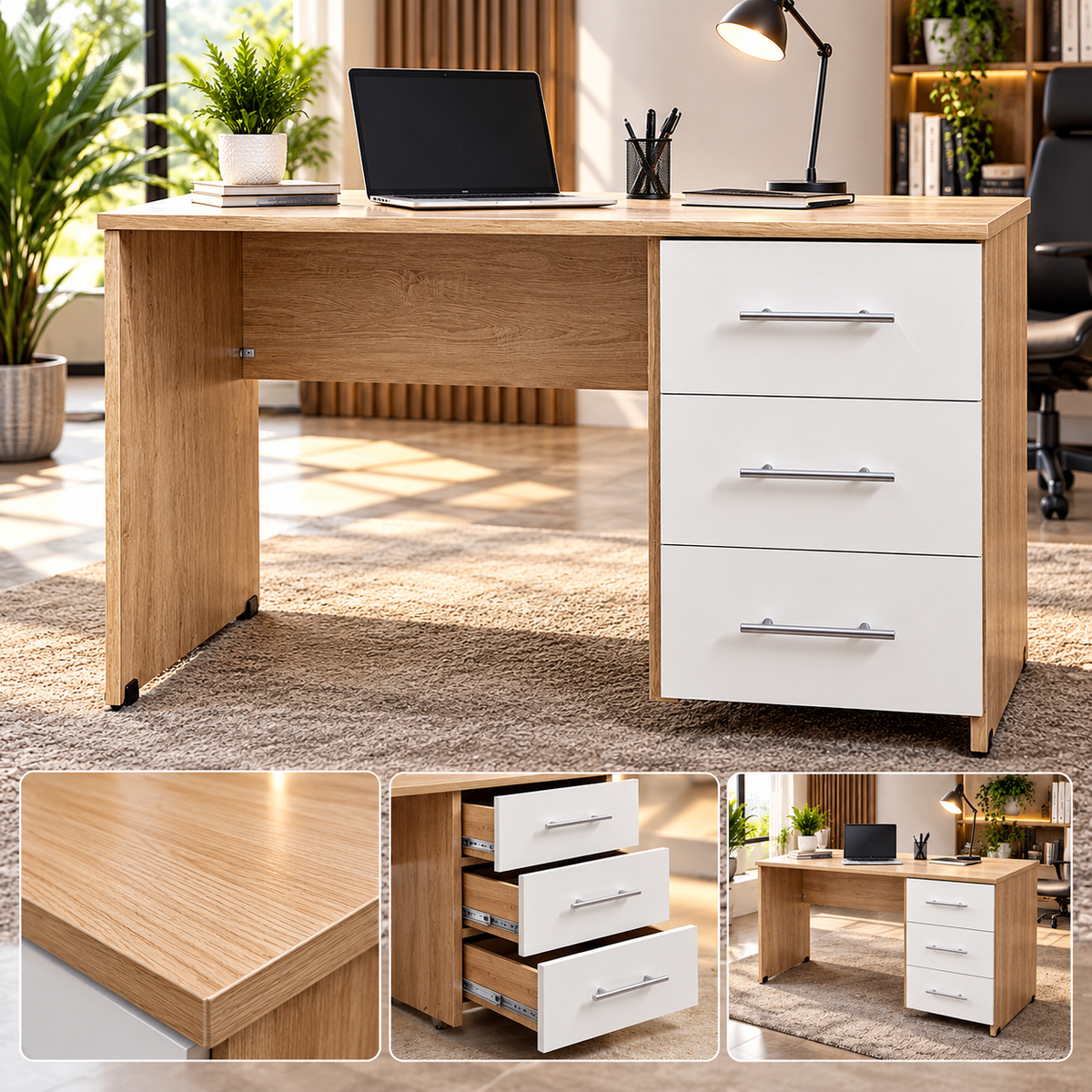 Bureau moderne chêne sonoma et blanc avec 3 tiroirs